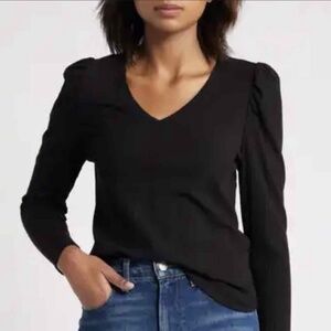 Gray‎ Slate Black Long Sleeves V Neck Puffed Shoulders Feminine Top Medium